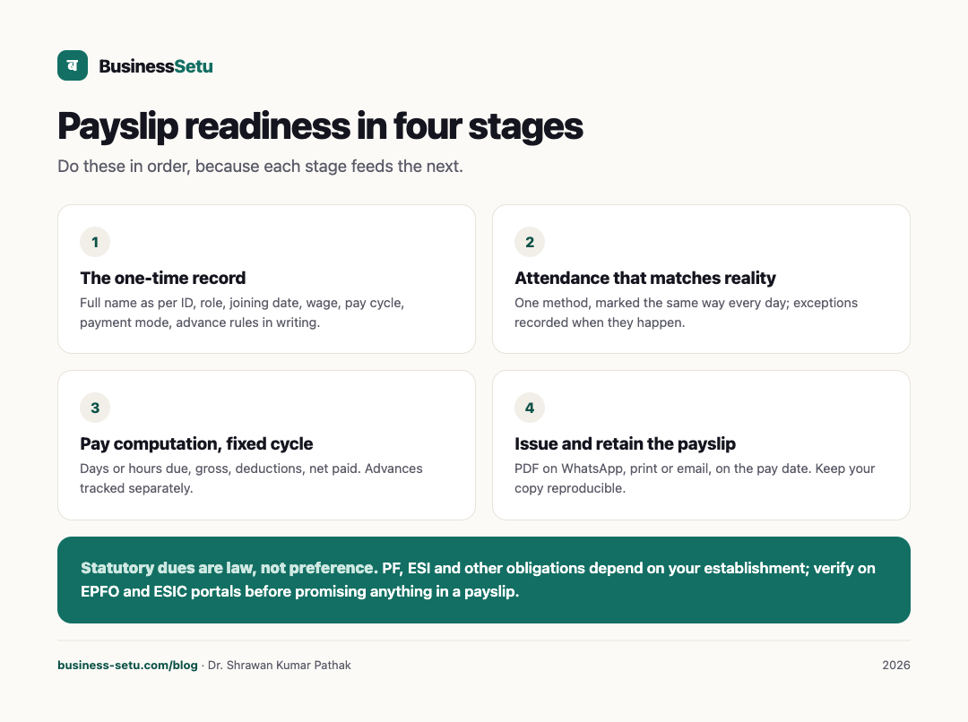 Four-stage readiness checklist for staff records, attendance, pay and payslips