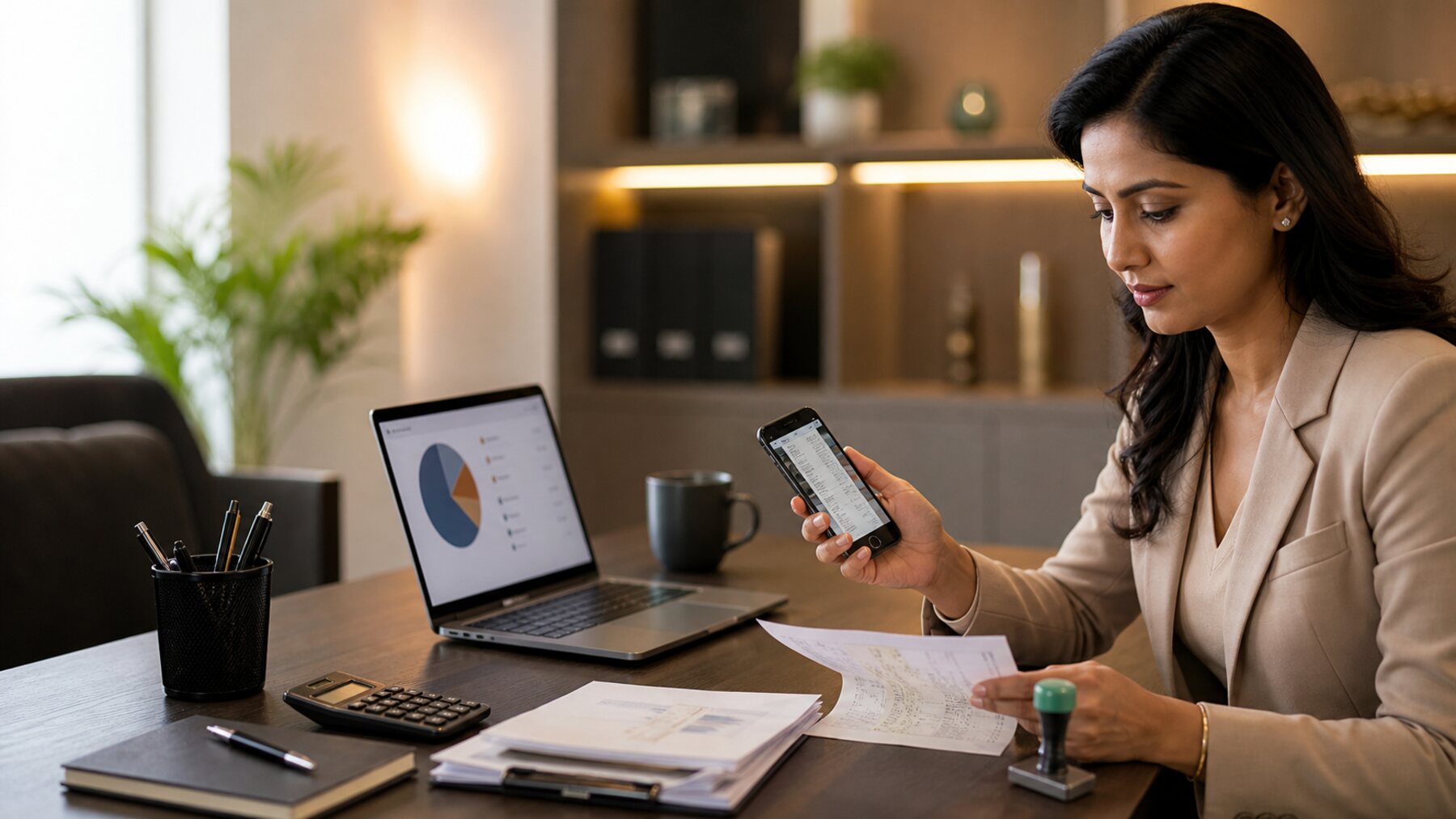 Indian woman running a small business capturing expense receipts on phone
