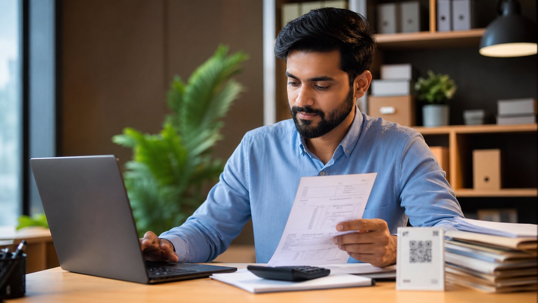 Indian small business owner preparing a GST invoice with payment details
