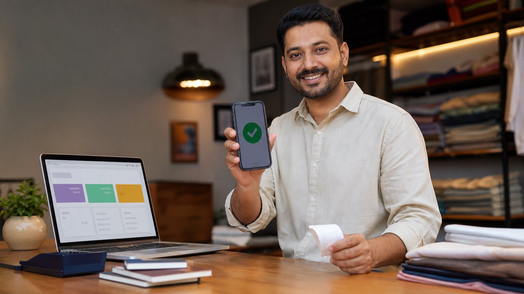 Indian entrepreneur showing a UPI payment confirmation for a customer collection