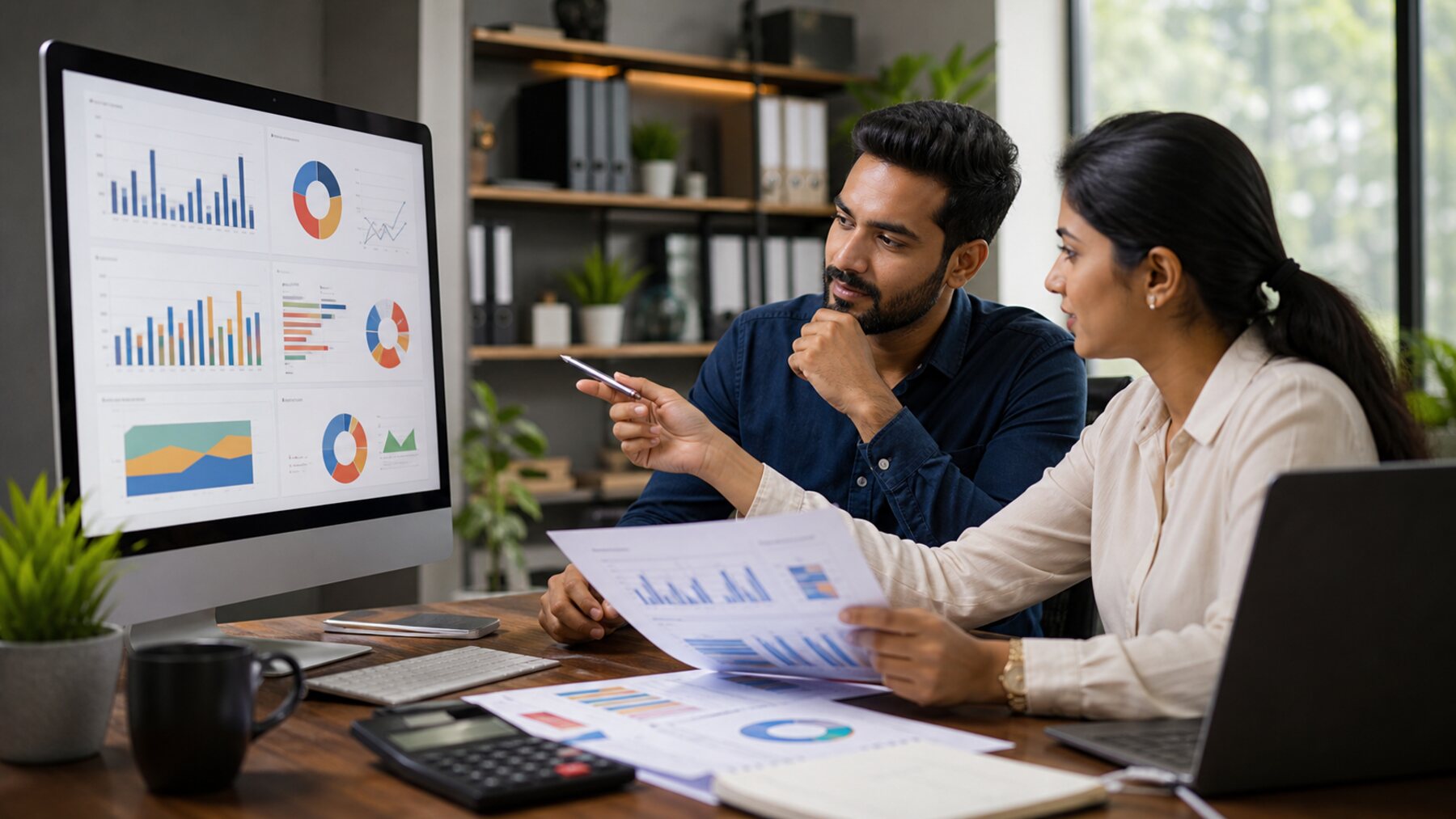 Indian small business owner reviewing monthly reports before sending data to the CA