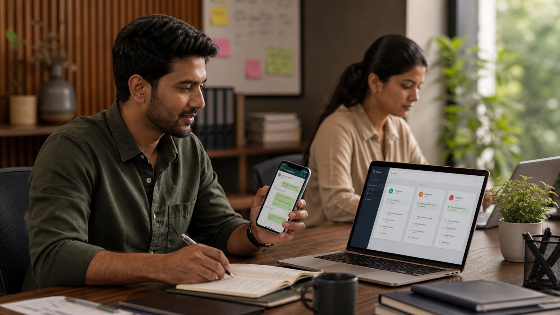 Indian business owner sending a polite WhatsApp payment reminder from the desk